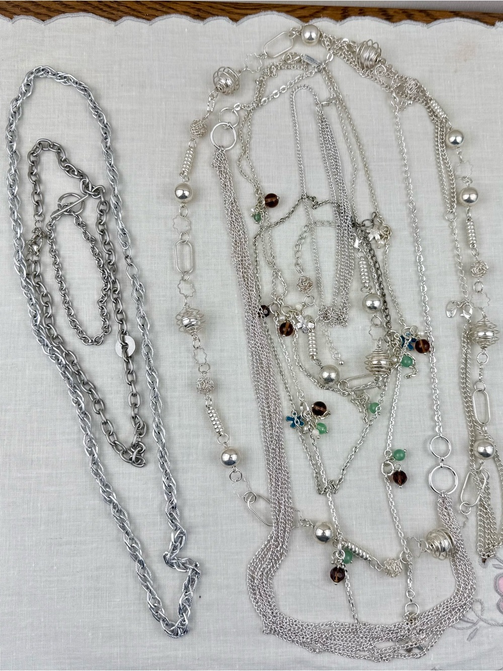 Silver Tone Necklace Bracelet Lot 9 Pieces Layered Chain Beaded Jewelry - Picture 2 of 4